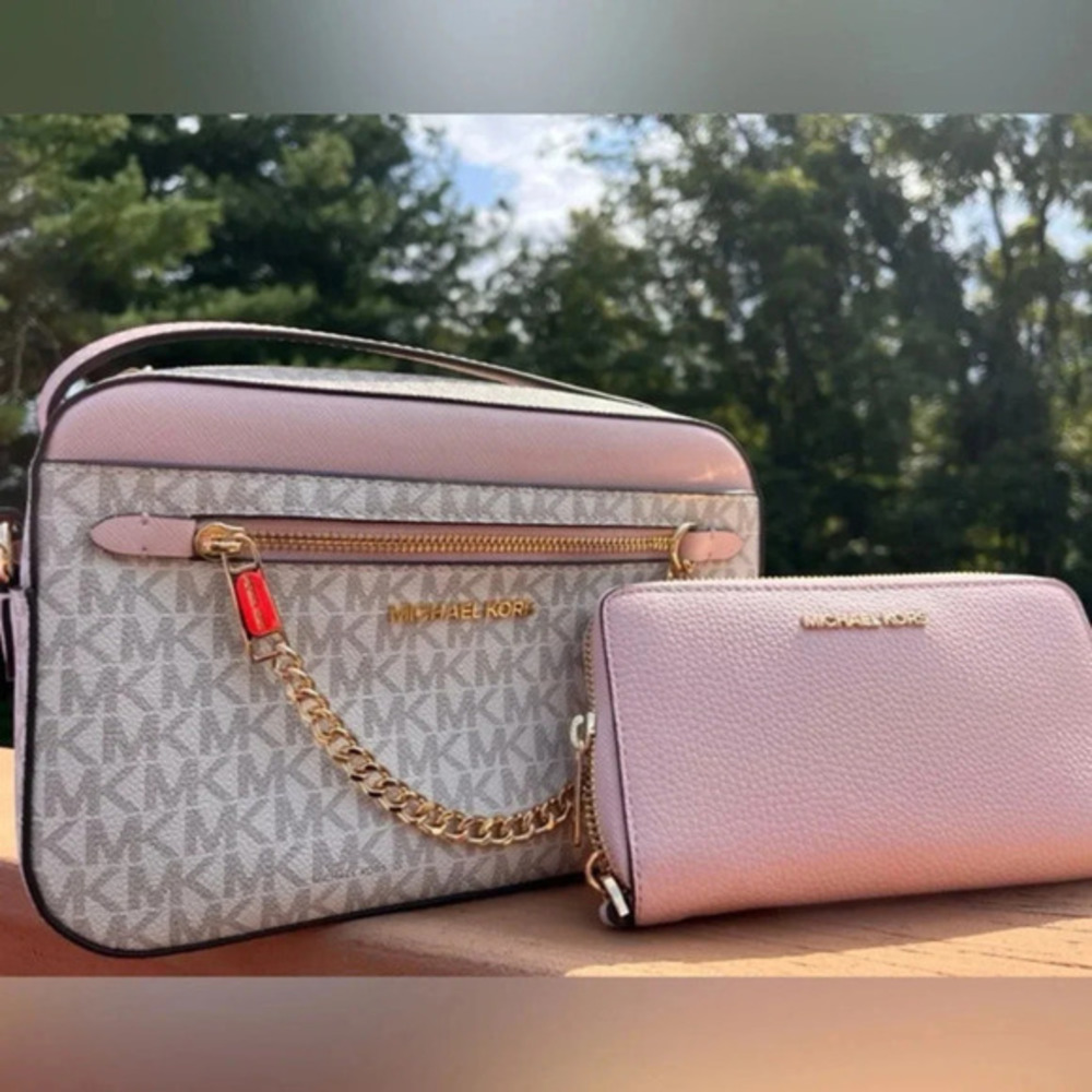 Michael Kors Logo Crossbody Bag & Zip Wallet Set Vanilla Powder Blush NWT